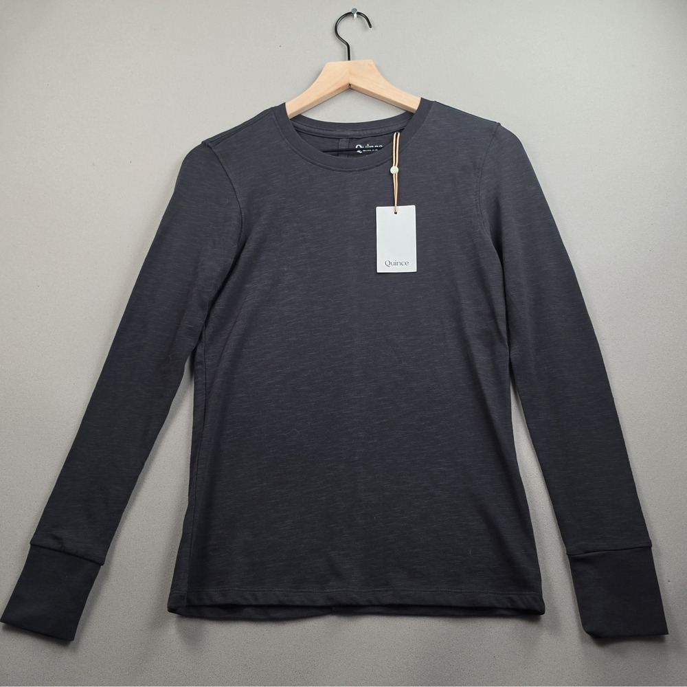 Quince Womens XS Black Organic Cotton Slub Long Sleeve Tee Crewneck Top NWT Soft - Picture 2 of 11